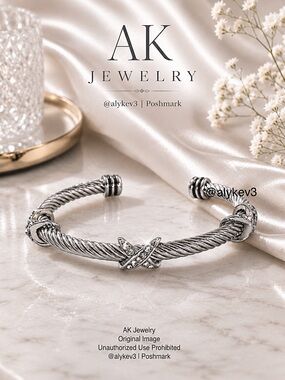 💎Luxury BRACELET Silver 3 X Cable Twisted Cable Crystal Cuff Boutique Collection